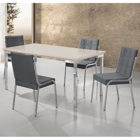 Conjunto Sala de Jantar Mesa Iza Tampo MDF/Vidro com 4 Cadeiras Natani Yescasa Cinza/Cromado/Off White