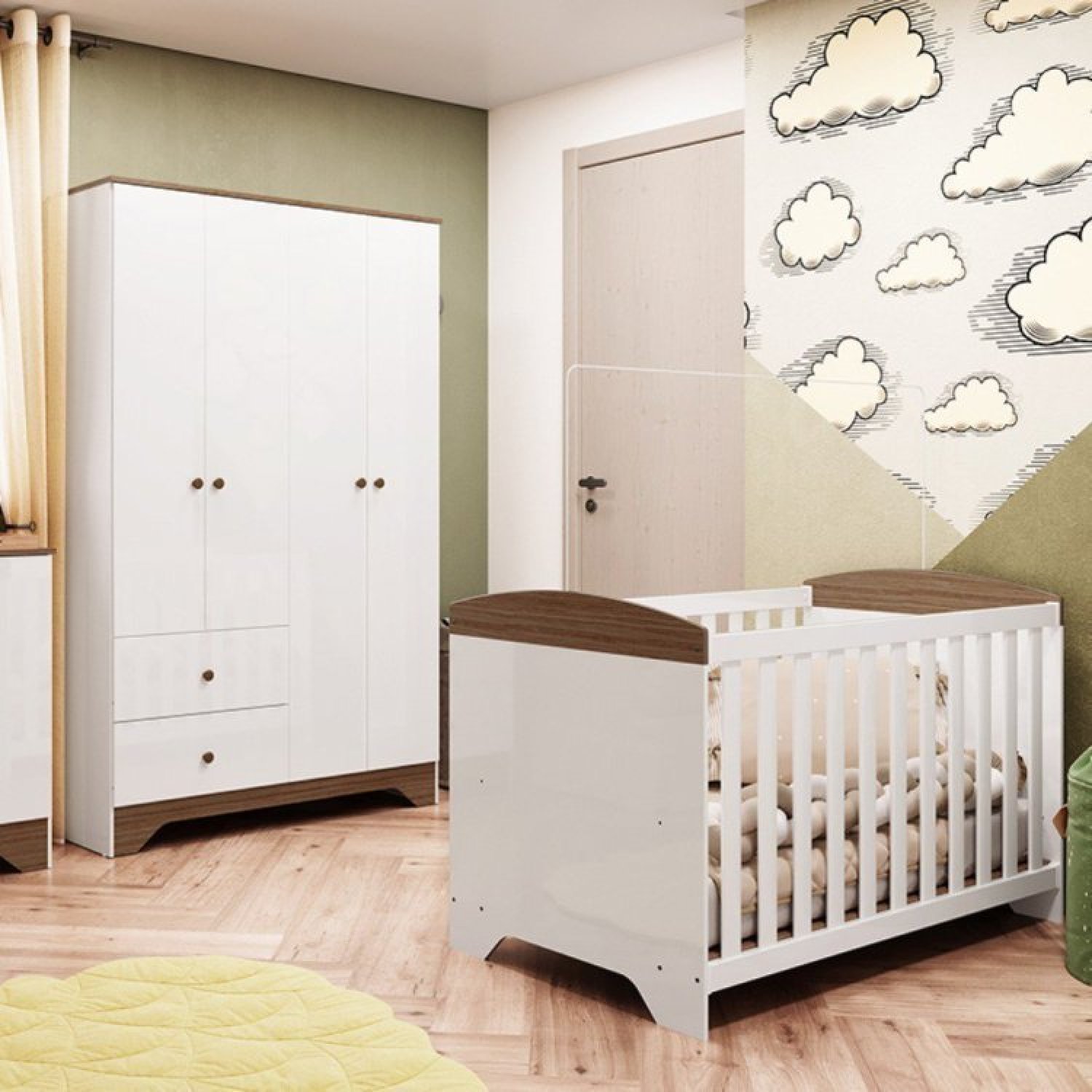 Quarto de Bebê com Berço Americano e Guarda Roupa 4 Portas 2 Gavetas100% MDF Ayla Menor preço em Quarto de Bebê com Berço Americano e Guarda Roupa 4 Portas 2 Gavetas100% MDF Ayla