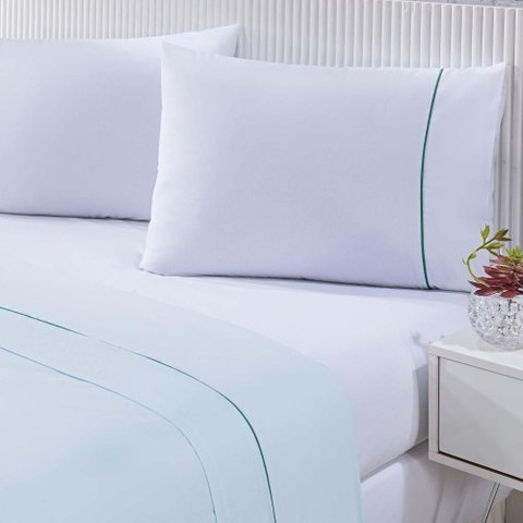 Jogo de Cama Lençol 100% Algodão Percal 150 Fios Casal Gran Moratta 4 Peças - Branco e Verde