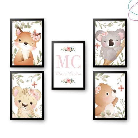 Kit 5 Quadros Decorativos Safari Baby Aquarela Menina:preta