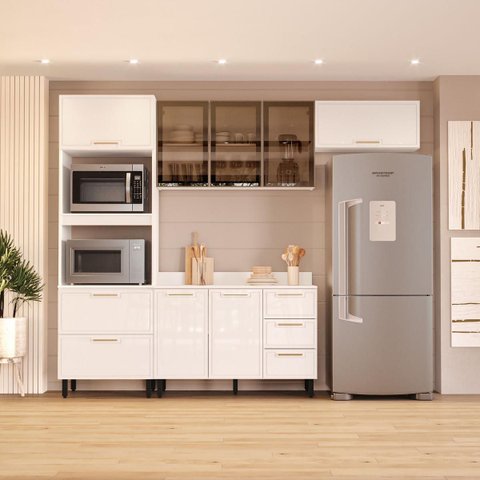 Cozinha Amara 270cm Armários Aéreos Portas Vidro Torre Quente e Balcão com Tampo Branco 250779