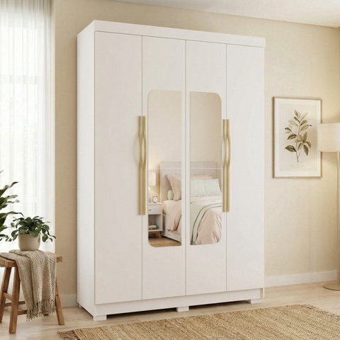 Guarda-Roupa Solteiro Siena com Espelho 4 Portas 3 Gavetas 100% MDF Off White/Nevaska