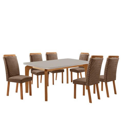 Mesa de Jantar Liz 180cm Tampo MDF Vidro Canto Copo com 6 Cadeiras Aline