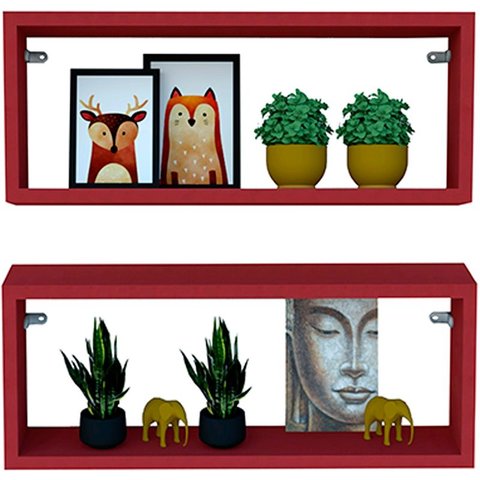 Kit 2 Nicho Retangular Vermelho 60x20x10p Mdf Decorativo