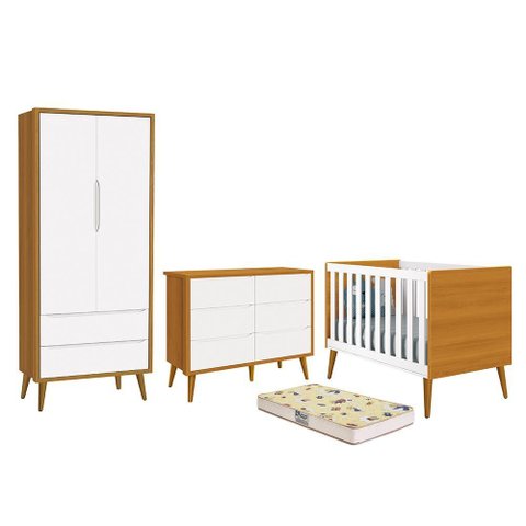 Dormitório Completo Infantil Theo 2 Portas, Cômoda 6 Gavetas, Berço Branco/Savana com Pés