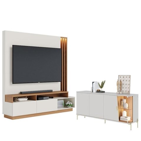 Estante Home Theater Humaita com Aparador Buffet Sena com Led Off White Matte Freijó - Colibri