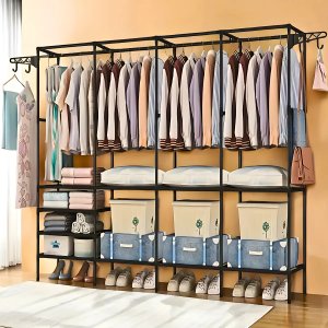 Closet Aberto Casal 4 Colunas Guarda Roupa Organizador Metal Cabideiro com Sapateira Milemon