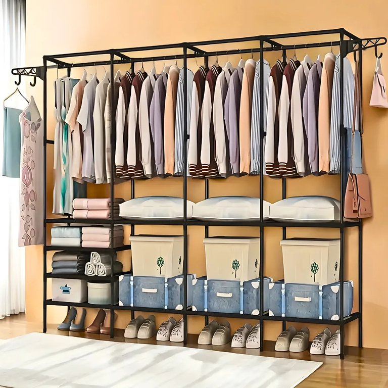 Closet Aberto Casal 4 Colunas Guarda Roupa Organizador Metal Cabideiro com Sapateira Milemon