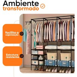 Closet Aberto Casal 4 Colunas Guarda Roupa Organizador Metal Cabideiro com Sapateira Milemon - 2