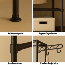 Closet Aberto Casal 4 Colunas Guarda Roupa Organizador Metal Cabideiro com Sapateira Milemon - 6