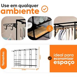 Closet Aberto Casal 4 Colunas Guarda Roupa Organizador Metal Cabideiro com Sapateira Milemon - 3
