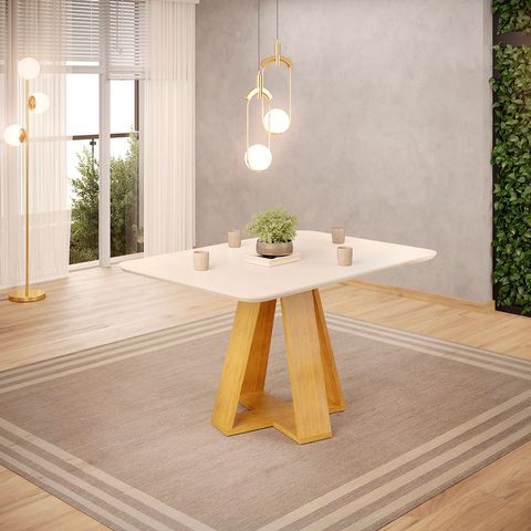 Mesa de Jantar Retangular Tampo Chanfrado Curvo 120x90 Dj Móveis Kiara Cedro Off White