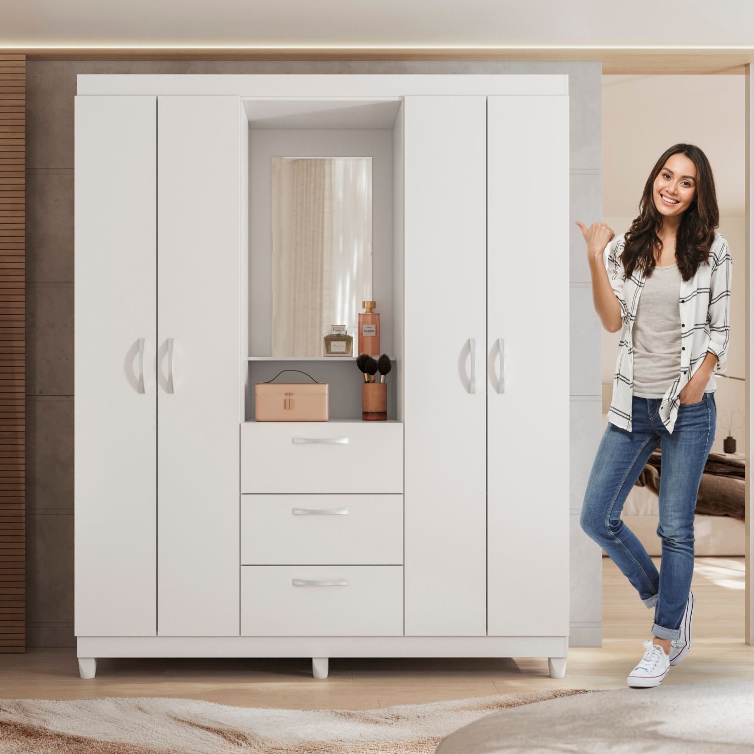 Guarda Roupa Casal 4 Portas 3 Gavetas Capelinha com Espelho Natal Espresso Móveis - 8