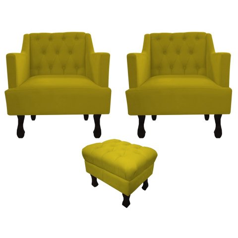 Kit 2 Poltronas Decorativa Julia + Puff Luis Xv Couro Amarelo Pés Madeira Ms Decor