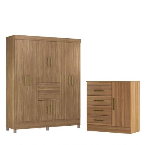 Conjunto de Guarda Roupa e Cômoda Cora para Quarto 9 Portas 6 Gavetas MDP 162cm Amêndola