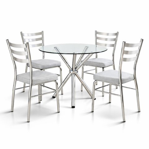 Jogo Mesa Jantar Pé Palito Cromada + 4 Cadeiras Reforço Assento Grosso Prata Vidro 90cm