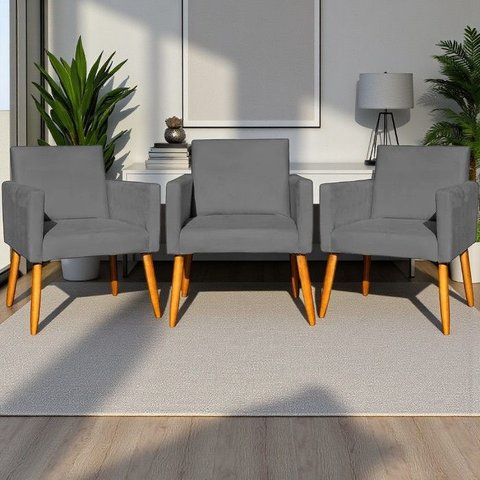 Kit 3 Poltronas Decorativa para Sala Recepção Consultório Escritório Nina Tecido Suede