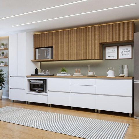 Cozinha Completa Modulada 7 Peças 8 Portas 8 Gavetas Norten Branco/Nature