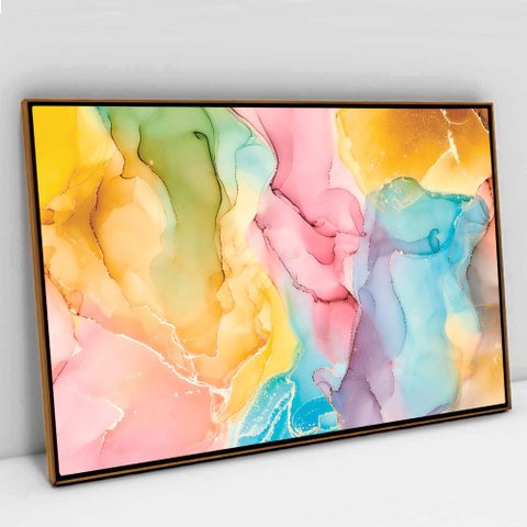 Quadro Decorativo Abstrato Arco Íris em tela Canvas TaColado Moldura Flutuante 4,5cm Freijó 90 x 60c