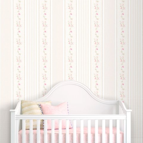 Papel de Parede Adesivo Listrado Floral Rosa Aquarela