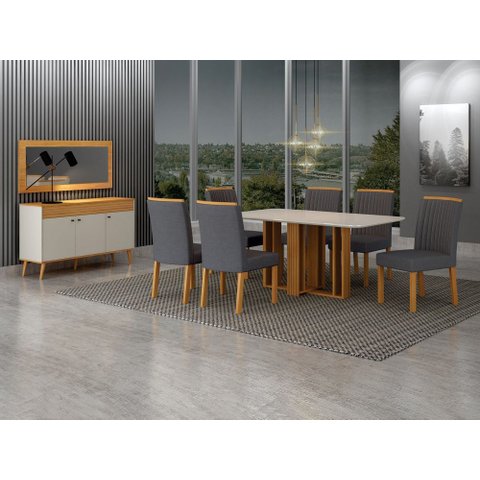 Conjunto Sala de Jantar Jade Gold 1,60m com 6 Cadeiras Jade Cinamomo/Linho Chumbo