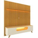 Ver imagem 2 de Rack com Painel Ripado para TV até 90 Polegadas 100% MDF com LED 228,8CMX310CM Pés em Madeira Maciça 1 Gaveta 2 Portas 1 Prateleira Nobre Marrom