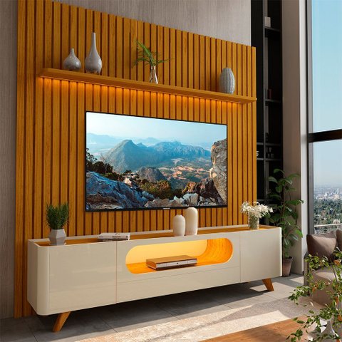 Rack com Painel Ripado para TV até 90 Polegadas 100% MDF com LED 228,8CMX310CM Pés em Madeira Maciça 1 Gaveta 2 Portas 1 Prateleira Nobre Marrom