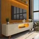 Ver imagem 4 de Rack com Painel Ripado para TV até 90 Polegadas 100% MDF com LED 228,8CMX310CM Pés em Madeira Maciça 1 Gaveta 2 Portas 1 Prateleira Nobre Marrom