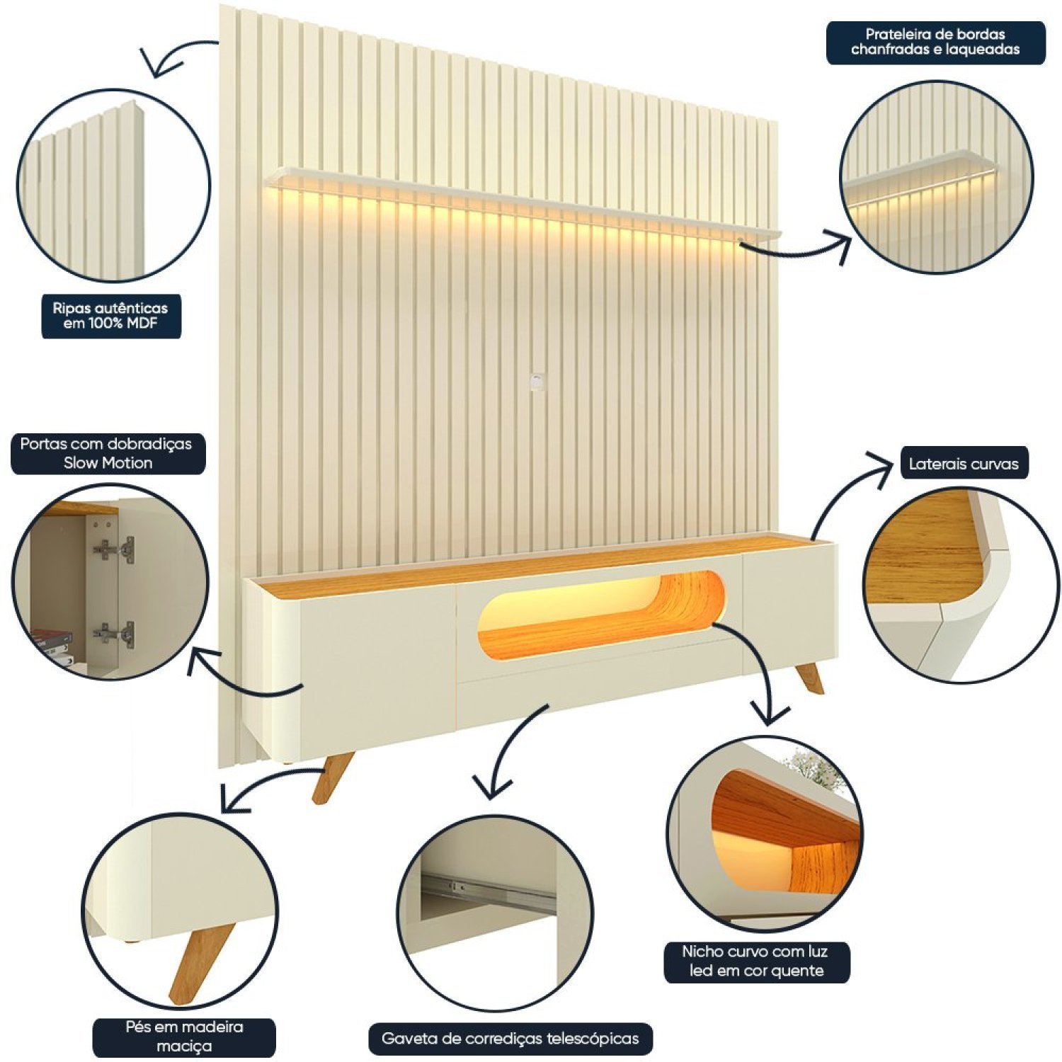 Rack com Painel Ripado para TV até 85 Polegadas 1 Gaveta 2 Portas 1 Prateleira com LED 230cm Nobre - 5