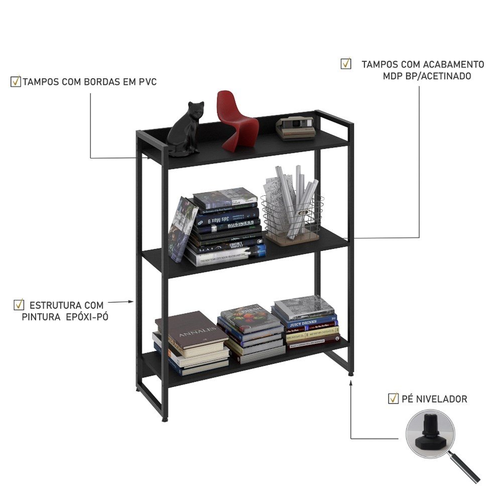 Estante Livreiro Multiuso Dynamica Industrial 80cm 3 Prateleiras C08 Preto Ônix - Mpozenato - 3