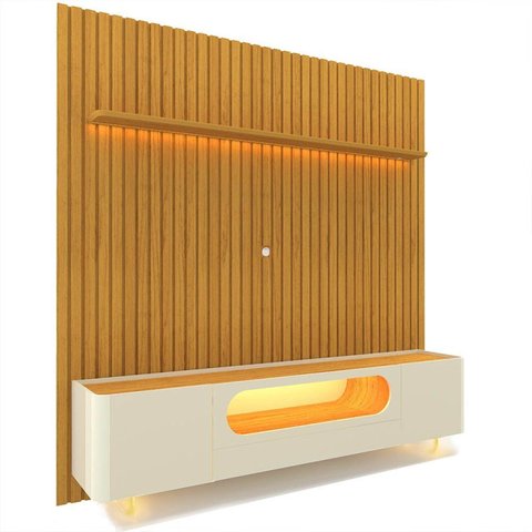 Rack com Painel Ripado para TV até 90 Polegadas com LED 100% MDF 228,8cmx310cm 1 Gaveta 2 Portas Nobre