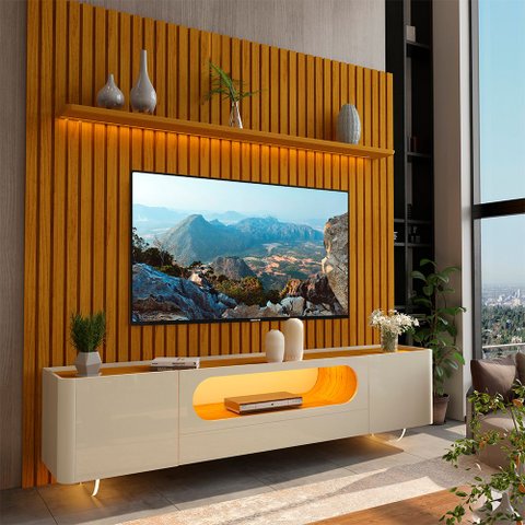 Rack com Painel Ripado TV até 90 Polegadas 1 Gaveta 2 Portas LED 230cm Nobre 100% MDF