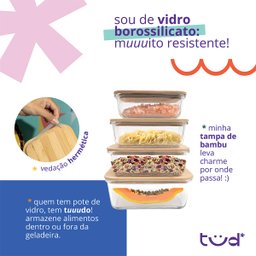 Kit 4 Potes de Vidro com Tampa de Bambu Hermético Marmita Retangulares - Tud - 5