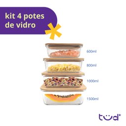 Kit 4 Potes de Vidro com Tampa de Bambu Hermético Marmita Retangulares - Tud - 4
