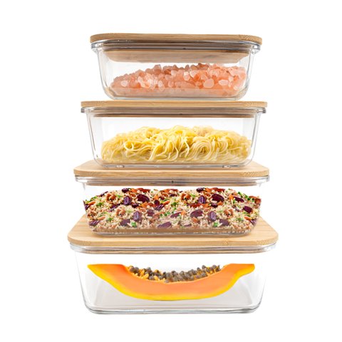 Kit 4 Potes de Vidro com Tampa de Bambu Hermético Marmita Retangulares - Tud