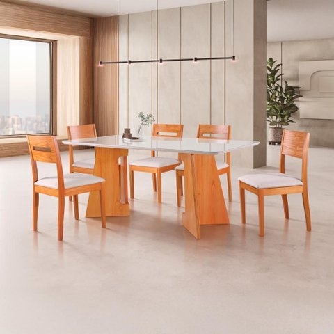 Conjunto de Sala 6 Cadeiras Village com Mesa 1,80m - Madeira Maciça Encosto Laminado - Távoli