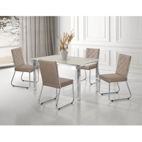 Conjunto Sala de Jantar Mesa Ortenia Tampo Vidro com 4 Cadeiras Dinah Bege/Cromado/Off White