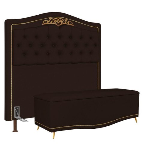 Cabeceira Cama Box Casal Queen 160cm com Calçadeira Baú Imperial J02 Corano Marrom Escuro