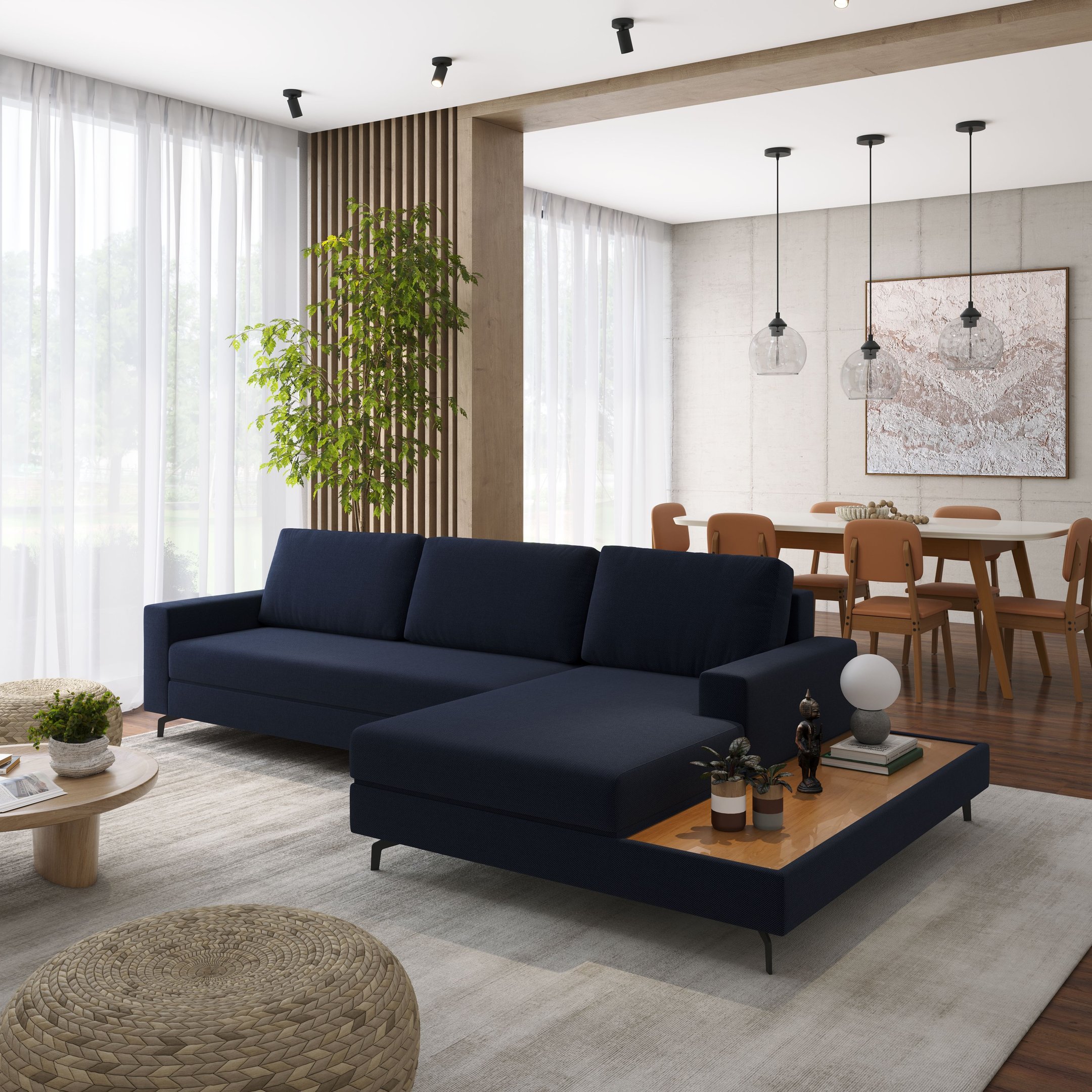 Sofá em Linho 292cm Chaise Direito e Deck Loft