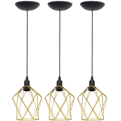 3 Pendentes Aramado Cálice P Luminária Lustre Teto Retrô Vintage Industrial Balcão Dourado