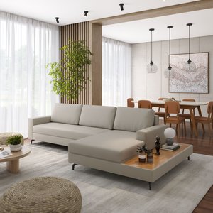 Sofá em Linho 322cm Chaise Direito e Deck Loft