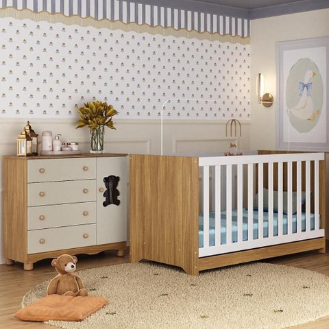 Berço Americano 3 em 1 com Cômoda 1 Porta 4 Gavetas Ternura Multimóveis Mp4726 Madeirado/off