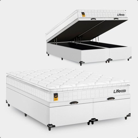 Cama Box Baú Casal Bipartido + Colchão Life D33 Pillow Top 61x138x188cm Suede Branco