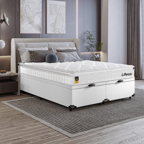 Cama Box Baú Casal Bipartido Couro Branco + Colchão Life D33 Pillow Top 61x138x188cm Branco