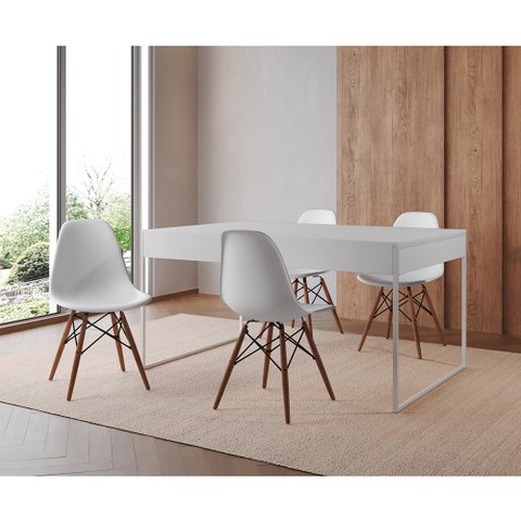 Mesa Jantar Industrial Retangular Filadélfia Branca 137x90cm Base Ferro Branco com 4 Cadeiras Branca