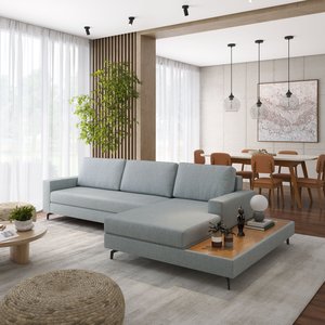 Sofá em Linho 292cm Chaise Direito e Deck Loft