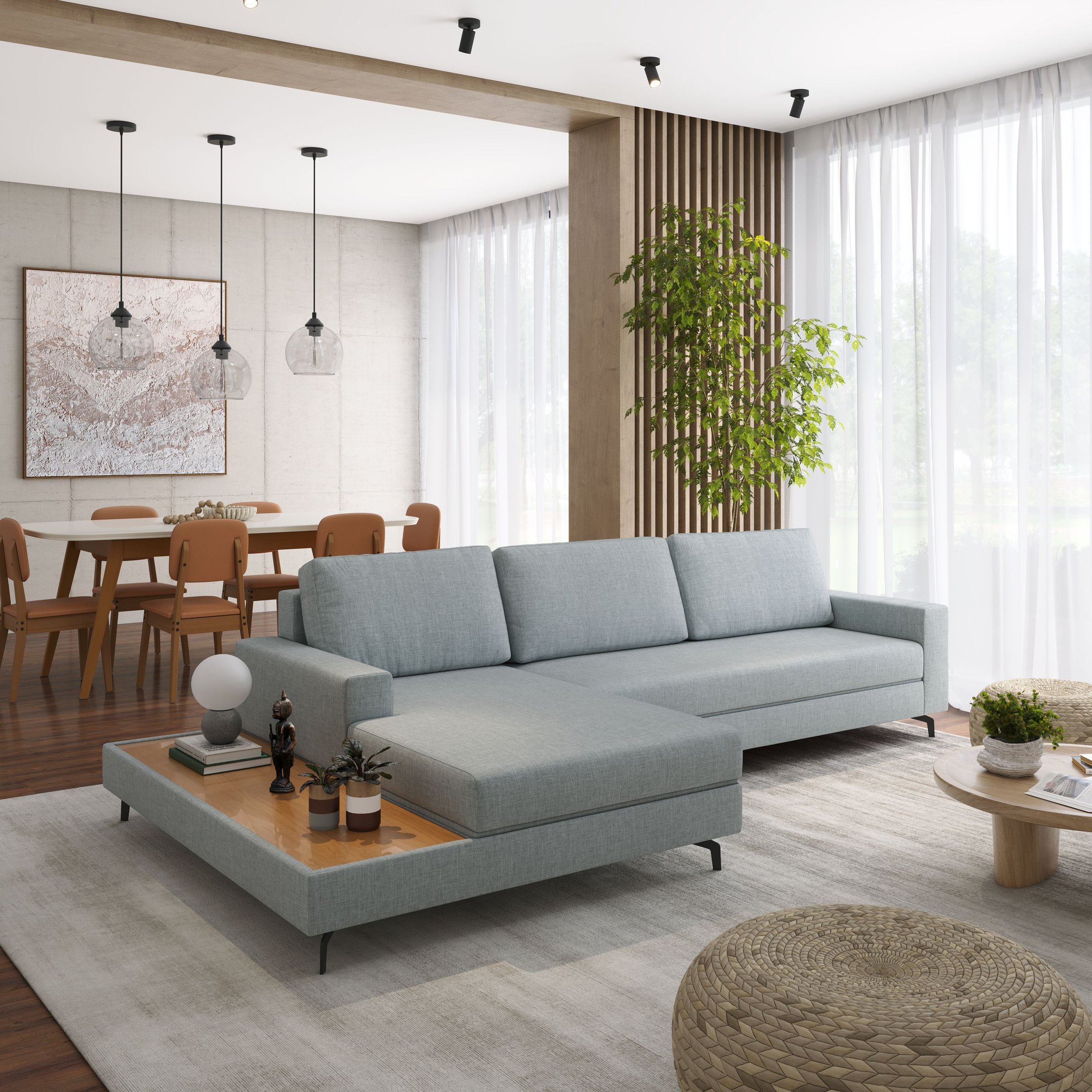 Sofá em Linho 292cm Chaise Direito e Deck Loft