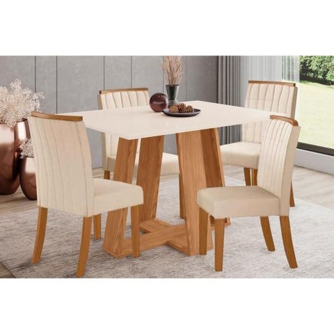 Conjunto: Mesa de Cozinha Lins Sc91 Tampo Madeirado C/ Vidro Canto Reto 120x80cm e 4 Cadeiras Tauá