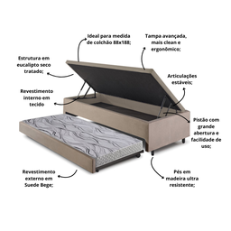 Bicama Box com Baú Solteiro 88x188 com Colchão Auxiliar Suede Bege - 5