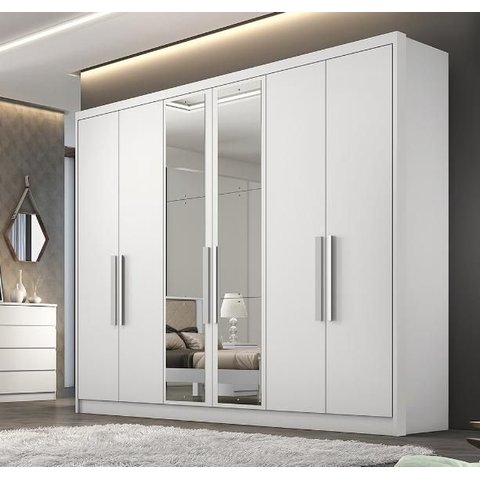 Guarda Roupa Solteiro com Espelho 100% MDF 6 Portas 8 Gavetas 243cm Rizon Branco - Novo Horizonte